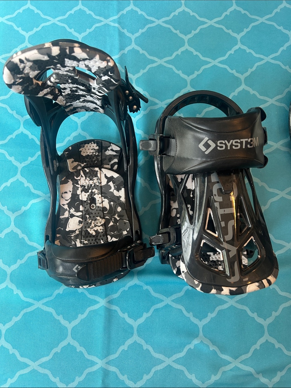 Black Snowboard Bindings with Monochrome Camo